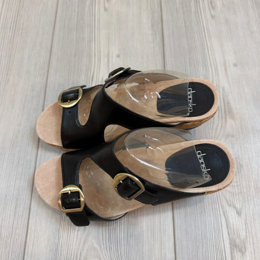 NEW Dansko Carla Black Full Grain Leather Cork Wedge Slide Sandals Size 37 7